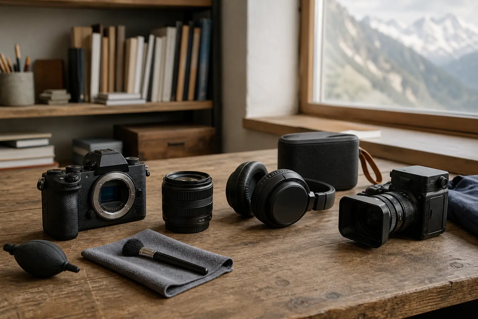 Appareils photo, casque audio et caméra sur un établi
