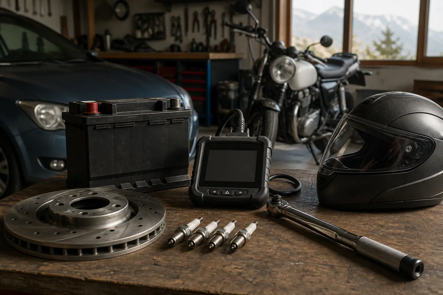 Batterie, disque de frein et outil de diagnostic dans un garage