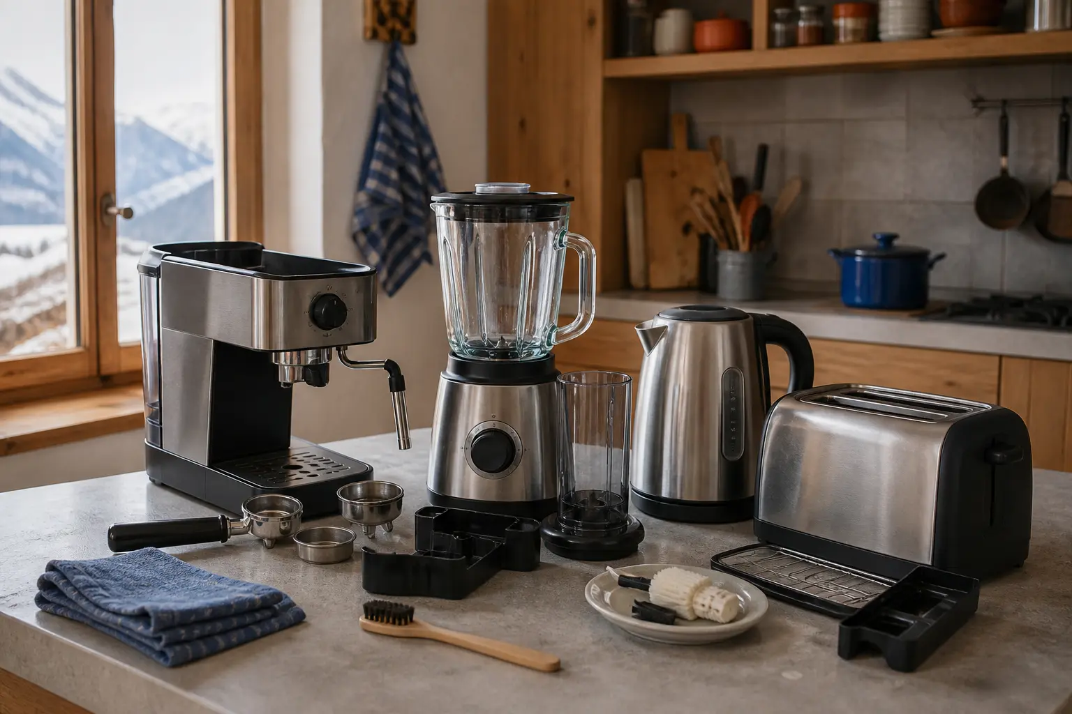 Machine à café, blender, bouilloire et grille-pain sur un plan de travail