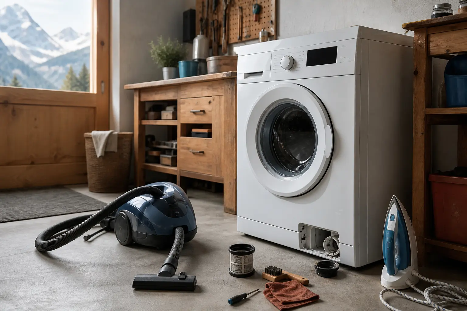 Lave-linge, aspirateur et fer à repasser dans un atelier domestique
