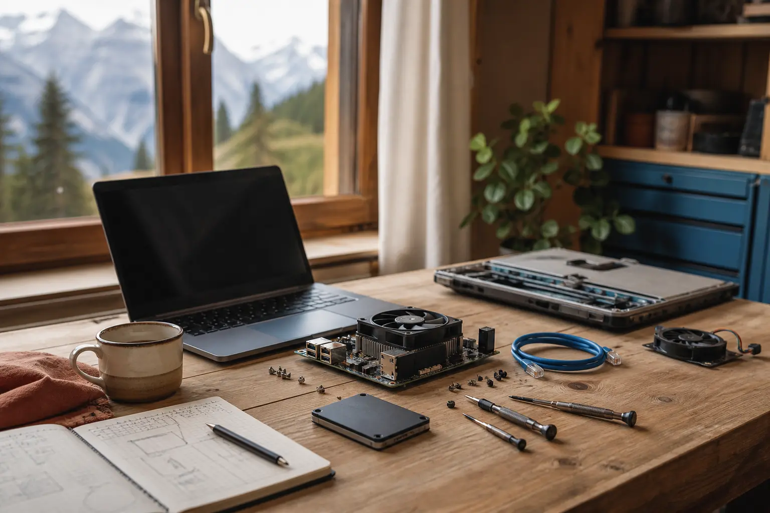 Ordinateur portable, composants et outils de précision sur un établi