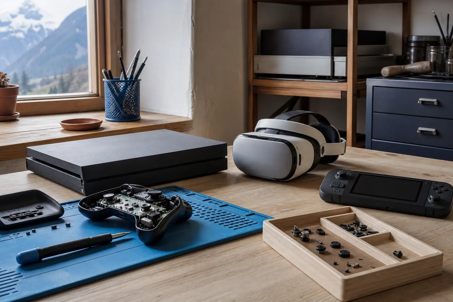 Console, manette ouverte et casque VR sur un établi