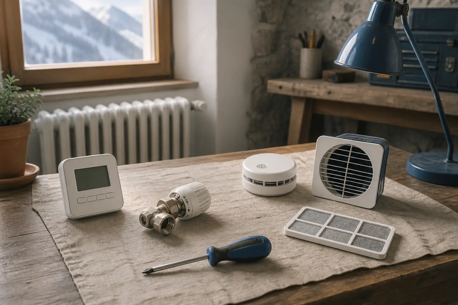 Thermostat, robinet de radiateur et équipements domestiques sur un établi