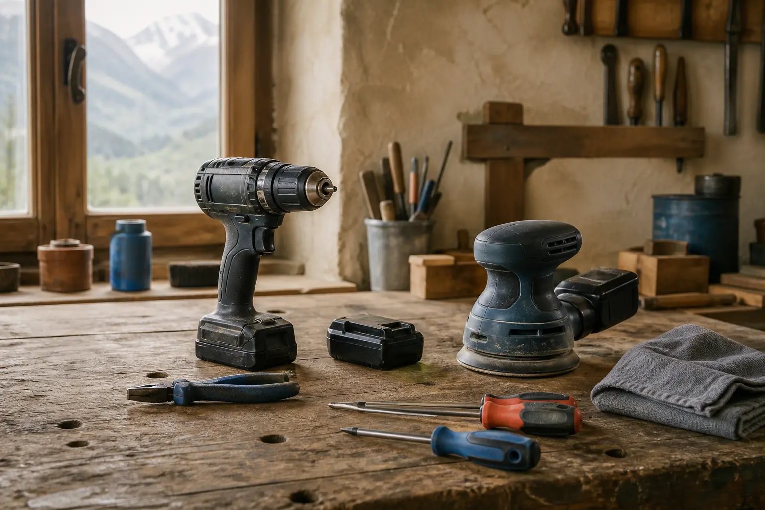 Perceuse, ponceuse et outils à main sur un établi d’atelier