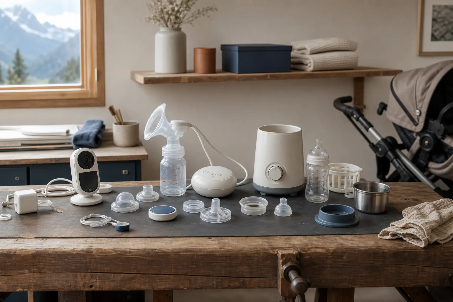 Babyphone, tire-lait et chauffe-biberon dans un espace de puériculture