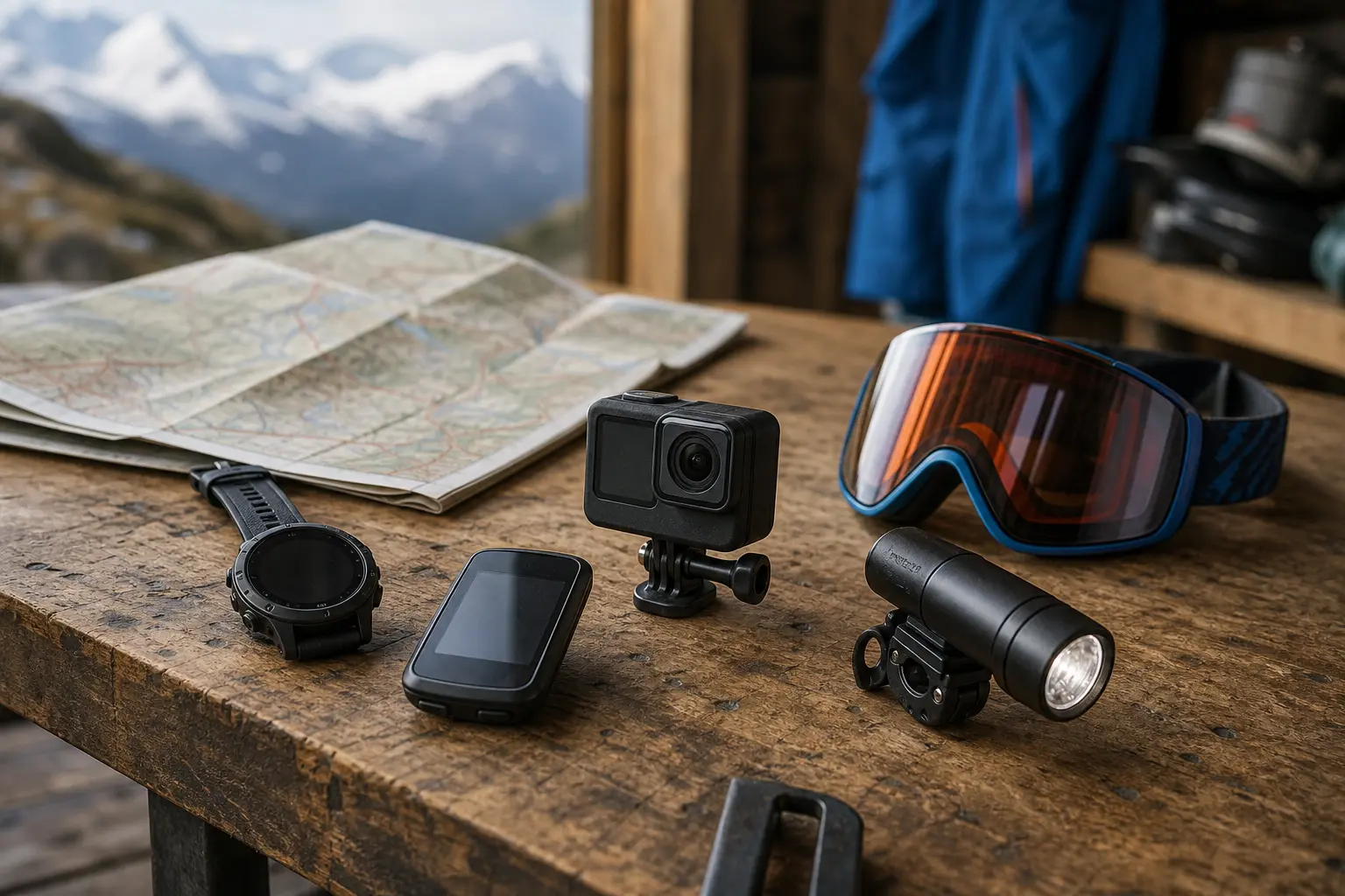 Montre GPS, caméra et accessoires sportifs sur un établi
