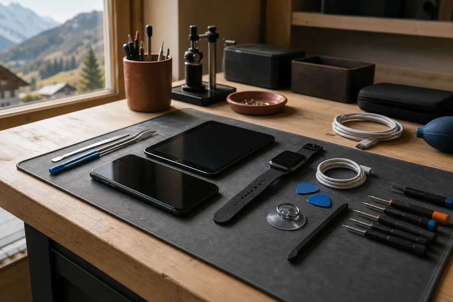 Smartphone, tablette et montre connectée sur un établi de précision